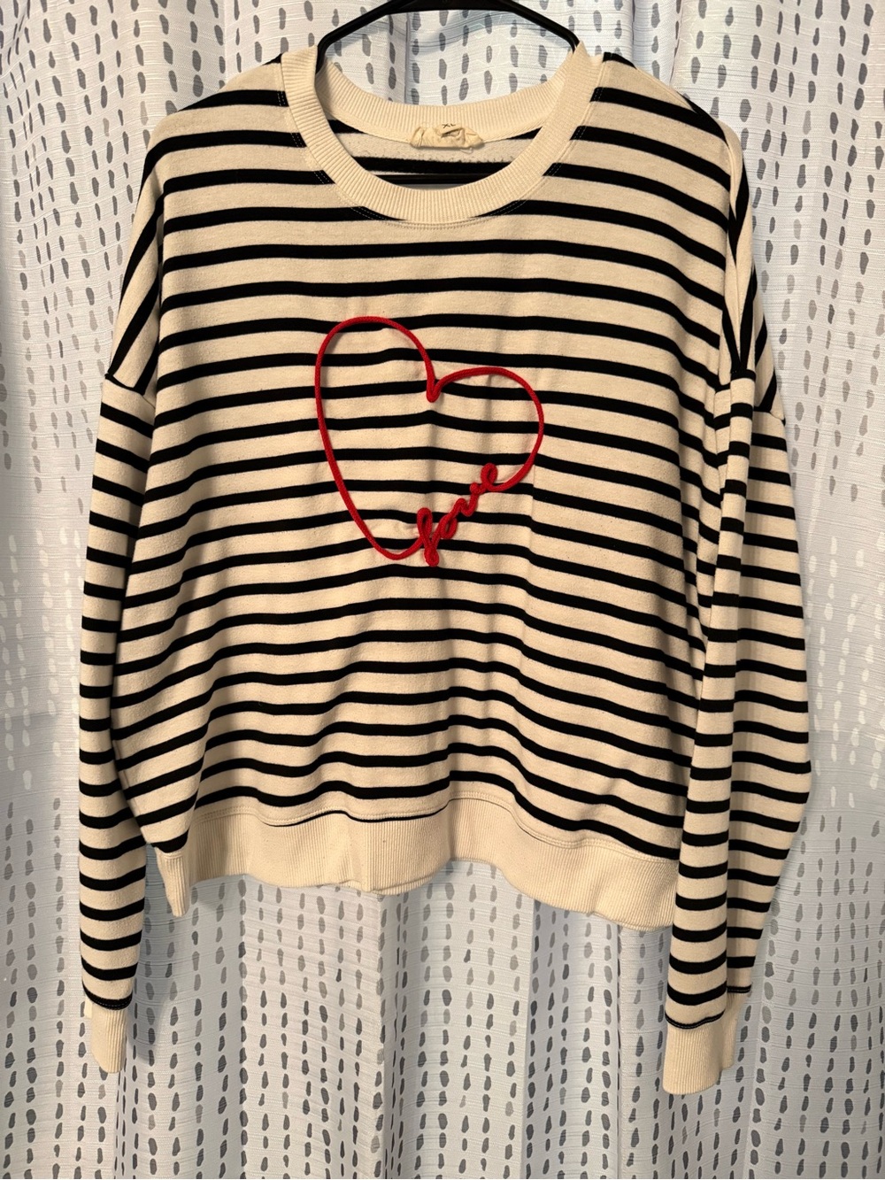 Striped White & Black Sweater with Red Heart Accent